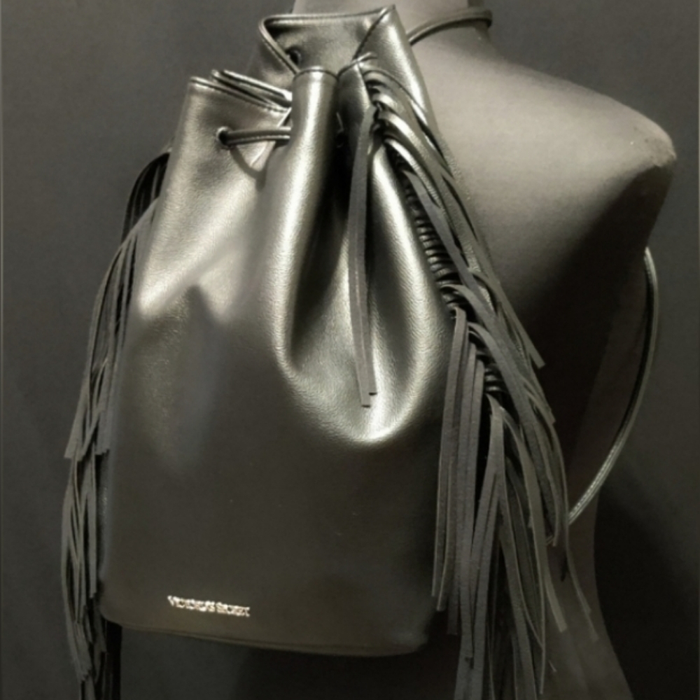 Bnwt Victoria's Secret black fringe larger size backpack style purse MSRP $85